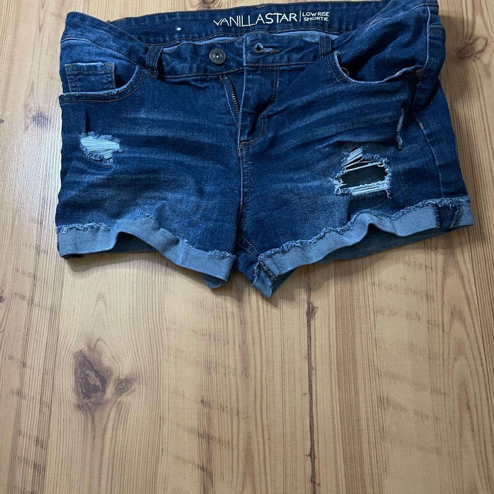 Vanilla Star Distressed Dark Blue Jean Shorts